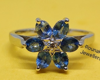 Blauer Saphir Blumen Ring: Minimalistischer Verlobungsring aus Sterling Silber