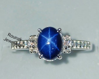 vintage bague saphir étoilé bleu, bague saphir étoilé bleuet, argent sterling 925, bague étoile bleu Lindy, bague promesse, bague cadeau femme.