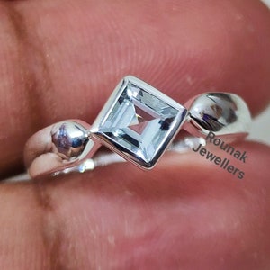 Genuine Aquamarine Ring, Square cut Aquamarine Ring, 925 Sterling Silver Ring, Solitaire Ring, March Birthstone Ring, Men Women Ring,