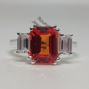 Orange Sapphire Emerald cut Ring, Stacking Ring, Lab Orange Sapphire Ring, 925 Silver Ring, Minimalist Ring, Anniversary Ring, Gift Women