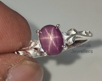 Bague rubis étoilé : jonc feuille en argent sterling 925, pierre précieuse naturelle