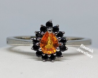 Genuine Orange Sapphire Ring, Stackable Ring,925 Sterling Silver, Minimalist Ring, Black Spinel Ring, Pear Sapphire Ring, Promise Ring Gift