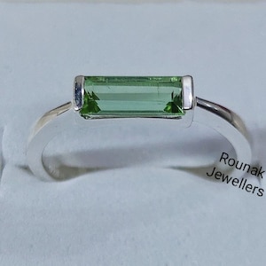 Green Tourmaline Ring, Promise Ring, 925 Sterling Silver, Stacking Ring, Baguette Tourmaline Ring, Dainty Halo Ring, Anniversary Ring Gift.