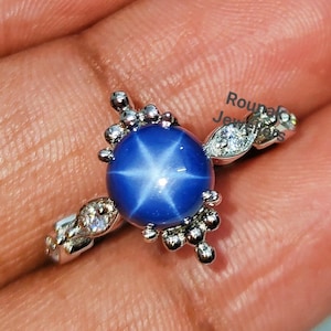Vintage Blue Star Sapphire Ring, Star Sapphire Ring, 925 Silver Ring, Round Lindy Blue Star Ring, Promise Ring, Women Gift Ring.