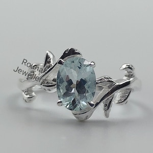 Leaf Aquamarine Ring: Sterling Silver March Birthstone
