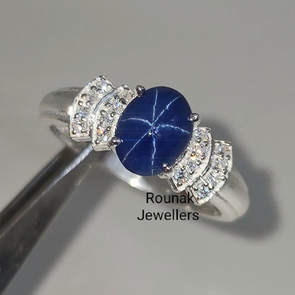 Art Deco Blue Star Sapphire Ring, Cornflower Star Sapphire Ring, 925 Sterling Silver, Lindy Blue Star Ring, Promise Ring, Women Gift Ring.