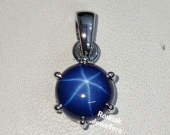 Blue Star Sapphire Pendant, Minimalist Pendant, Round Silver Pendant, Dainty Lindy Star Pendant, Birthday Gift Pendant, Gift For Her.