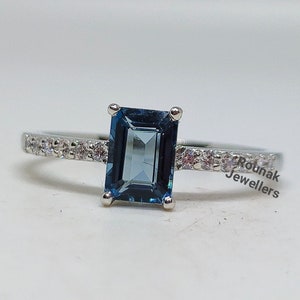 Emerald Cut London Blue Topaz Ring, 925 Sterling Silver, Cubic Zirconia Accents