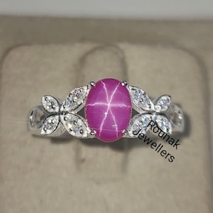 Art Deco Pink Star Sapphire Ring, Stackable Star Sapphire Ring, 925 Sterling Silver, Lindy Star Pink Ring, Promise Ring, Women Ring Gift.