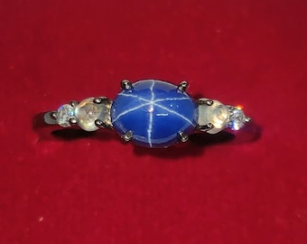 Blue Star Sapphire Ring, Cornflower Star Sapphire Ring, 925 Silver Black Rhodium Ring, Lindy Blue Star Ring, Promise Ring, Women Gift Ring.