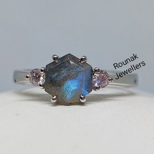Natural Labradorite Ring, Vintage Ring, Minimalist Ring, 925 Sterling Silver, Hexagon cut Gemstone, February Birthstone, Gift for Her.