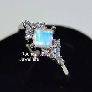 Genuine Rainbow Moonstone Ring, Engagement Ring, CZ Diamond Ring,925 Sterling Silver, Solitaire Ring, June Birthstone Ring, Gift For Women