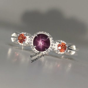 Star Ruby Art Deco Ring: 925 Sterling Silver, Orange Sapphire Accents