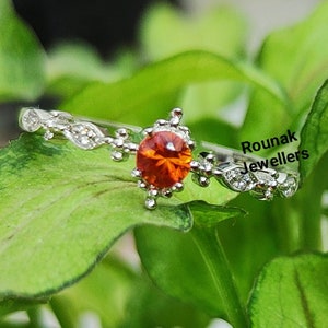 Orange Sapphire Ring: Sterling Silver Dainty Band, Cubic Zirconia Accents