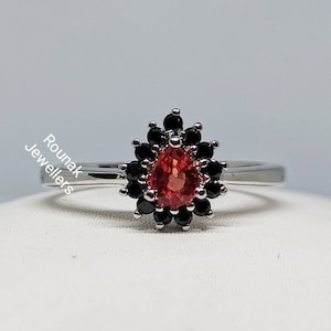 Genuine Red Sapphire Ring, Stackable Ring, 925 Sterling Silver, Minimalist Ring, Black Spinel Ring, Pear Sapphire Ring, Promise Ring Gift