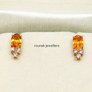 Pendientes naturales de diamantes de zafiro naranja dorado, oro amarillo de 14 quilates, pendientes hechos a mano, regalo de Navidad, pendientes para niñas o mujeres.