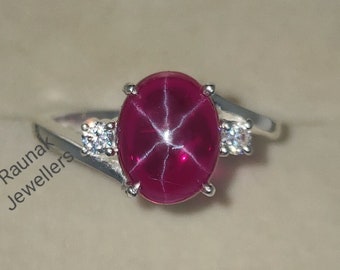 Bague rubis étoile rouge AAA Lab : bague empilable en argent sterling 925