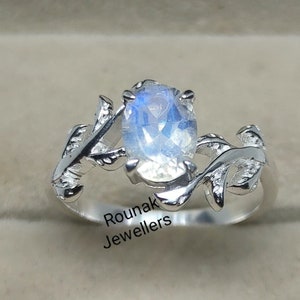 Leaf Moonstone Ring: Natural Rainbow Gem, 925 Sterling Silver