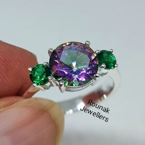Rainbow Mystic Topaz Ring: Sterling Silver with Lab Emerald Accents