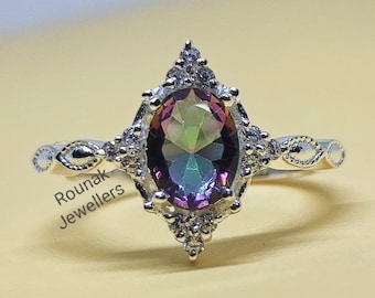 Mystic Topaz Sterling Silver Ring: Vintage Style, Cubic Zirconia Accents