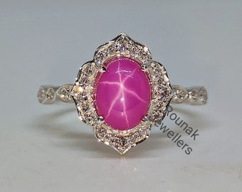 Pink Star Sapphire Ring: Art Deco Sterling Silver Promise Ring