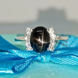 Dainty Black Star Sapphire Engagement Ring: 925 Sterling Silver
