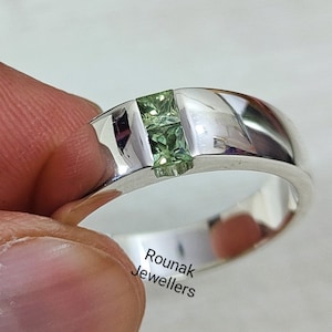 Natural Green Sapphire Ring, Minimalist Ring, 925 Silver Ring, Gemstone Band Ring, Princess cut Sapphire Band Ring, Personalized Gift Ring