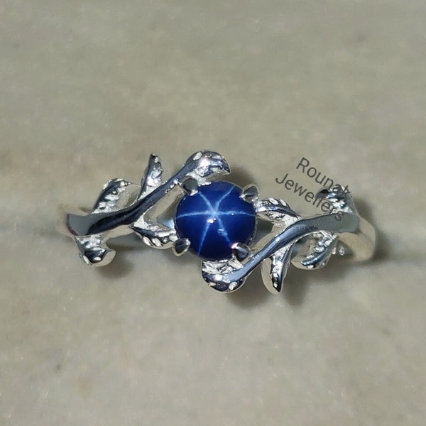 Vintage Star Blue Sapphire Ring, Blue Star Ring, 925 Silver Leaf Ring, Lindy Star Sapphire Ring, Stackable Ring, Women Ring, Christmas Gift