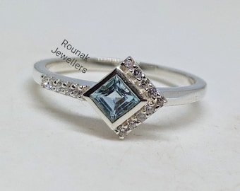Aquamarine Promise Ring: Princess Cut, CZ, 925 Sterling Silver