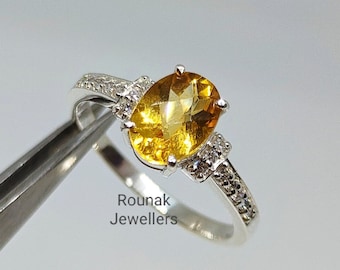 Dainty Citrine Ring, Minimalist Ring, Stacking Ring, 925 Sterling Silver, Zirconia Ring, Oval cut Citrine Ring, Women Gift, Ring For Her