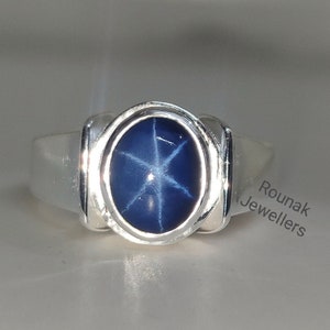 Blue Star Sapphire Ring: Oval Solitaire, 925 Sterling Silver