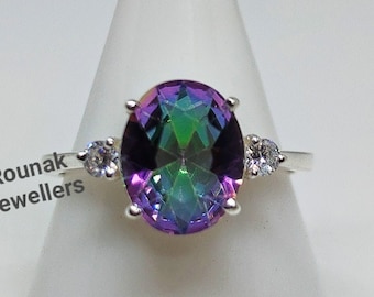 Mystic Topaz Sterling Silver Ring: Zirconia Accent Statement Ring