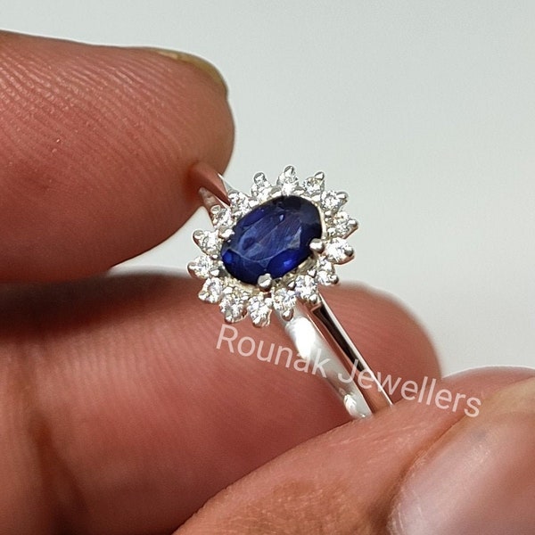 Ovale blauwe saffier ring, Art Deco sieraden, CZ ring, 925 sterling zilver, minimalistische ring, stapelring, belofte ring, Halo ring, cadeau haar.