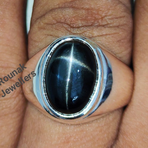 Natural Black Star Ring, Statement Ring, Solid 925 Sterling Silver, Solitaire Ring, Oval  Black Star Ring, Bridesmaid Gift, Gift for Her.