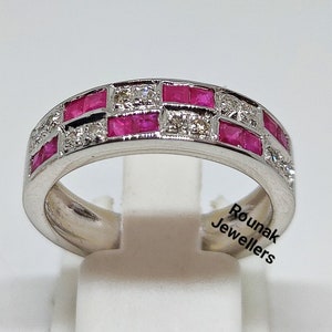 Dainty Ruby and Diamond Band Ring, Stackable Ring, 925 Silver Ring, 6 mm Gemstone Band , Duel Stone Band, Wedding Band, Gift for Her.