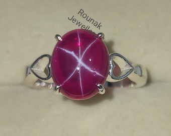 Bague rubis étoilé certifiée : argent sterling 925 ovale, 7,65 carats