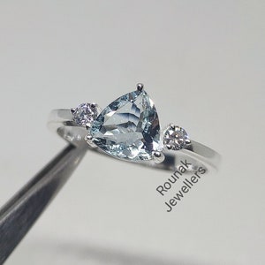 Genuine Aquamarine Ring, Engagement Ring, Trillion cut Aquamarine Ring,925 Sterling Silver, Stackable Ring, March Birthstone Women Ring.