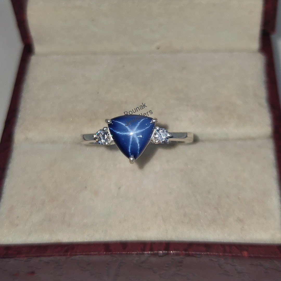 Vintage Blue Star Ring, Trillion Cut Star Sapphire Ring, 925 Sterling ...