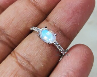 Rainbow Moonstone Ring, Stackable Ring, Natural Moonstone Ring, 925 Sterling Silver, Promise Ring, June Birthstone, Wedding Gift for Her.