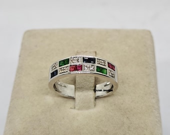 Natural Gemstone 925 Sterling Silver Band Ring: Ruby, Emerald, Sapphire & Diamond