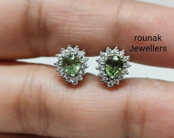 Natural Green Sapphire Earrings, Handmade Earrings,925 Sterling Silver, Christmas Stud Earrings, Gift For Her, Cubic Zirconia Earrings.