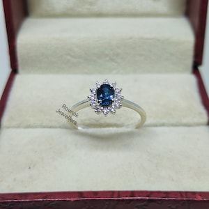 Blue Sapphire Ring, Natural Gemstone Ring, CZ Ring, 925 Sterling Silver, Minimalist Ring, Stacking Ring, Promise Ring, Halo Ring, Gift Her.