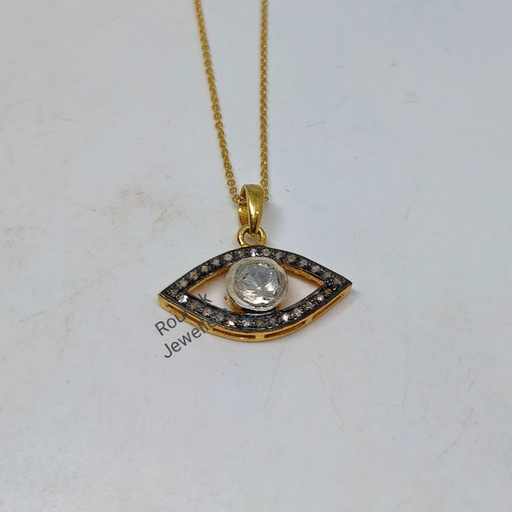 Diamond Evil Eye Pendant: Polki Diamond, Sterling Silver, 14k Gold