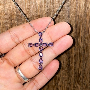 Purple Crystal Cross Necklace (Silver)