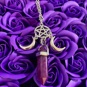 Purple Quartz Crescent Pentagram Necklace