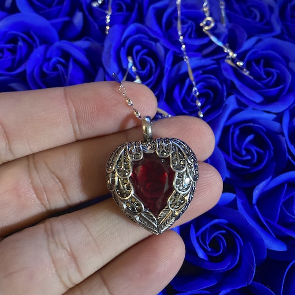 Vintage Pruskite Ruby Heart Necklace
