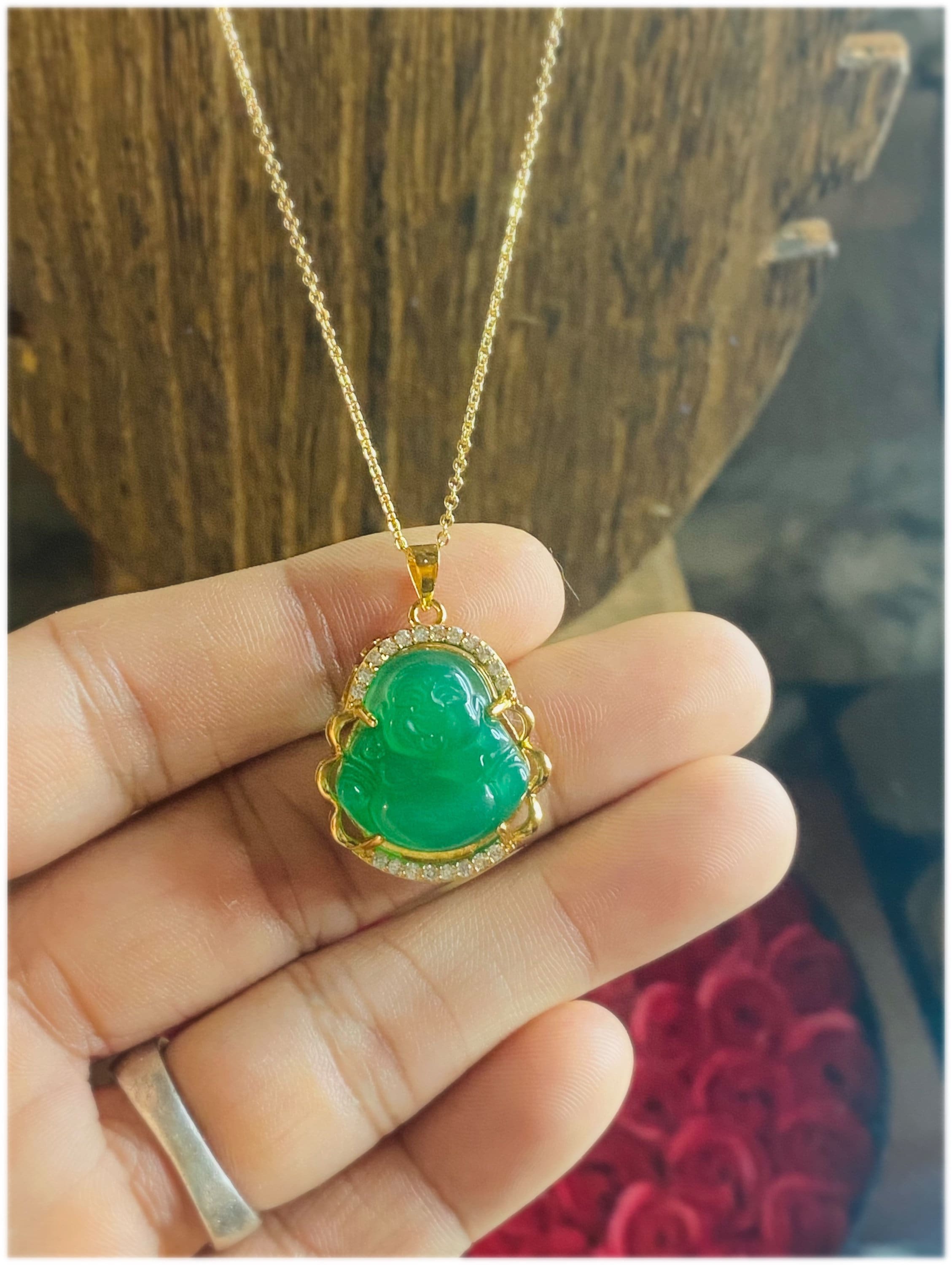 18kt Gold Green Jade Happy Buddha Necklace | The Essential Jewels