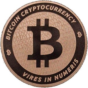May include: A round, copper-colored coin with a black Bitcoin symbol in the center. The coin has the words "BITCOIN CRYPTOCURRENCY" and "VIRES IN NUMERIS" around the edge. The background of the coin is a pattern of 1s and 0s.