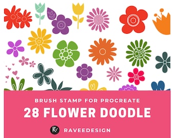 28 pennello doodle di fiori per Procreate / pennello doodle botanico / timbro pennello procreato