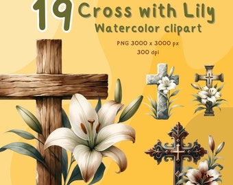Croce con clipart acquerello giglio per clipart di Pasqua, battesimo e primavera